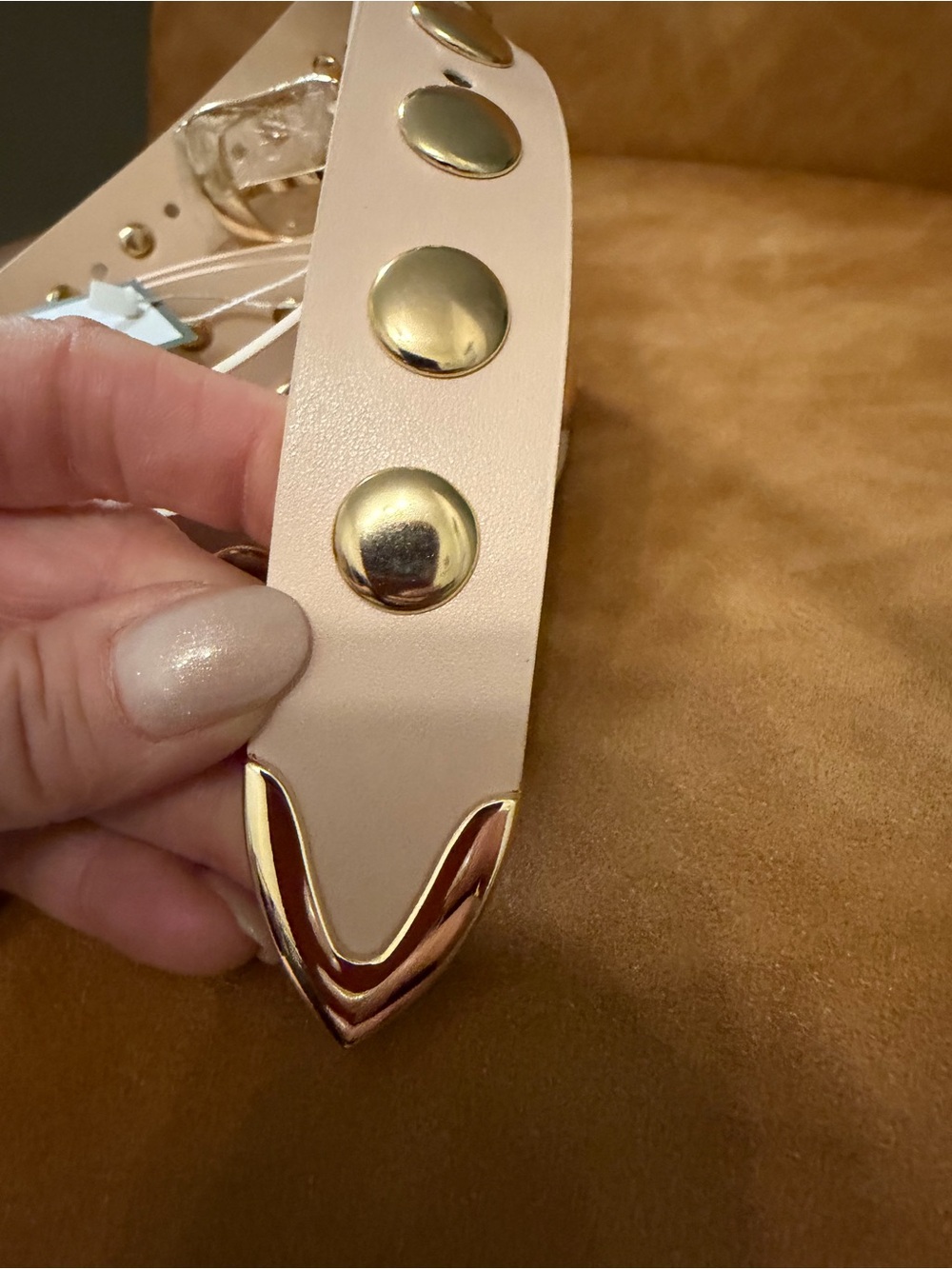 🤎VATAN Eco Friendly Nude Studded Belt w/ Gold Hardware. Measurements in photos - Picture 8 of 14